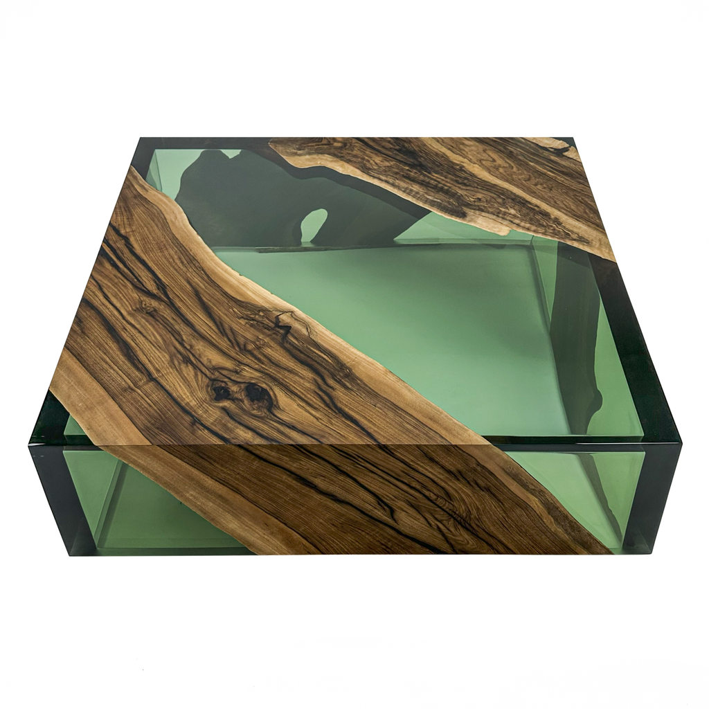 Green Monoblock Walnut Wood River Square Coffee Table - ARDITI
