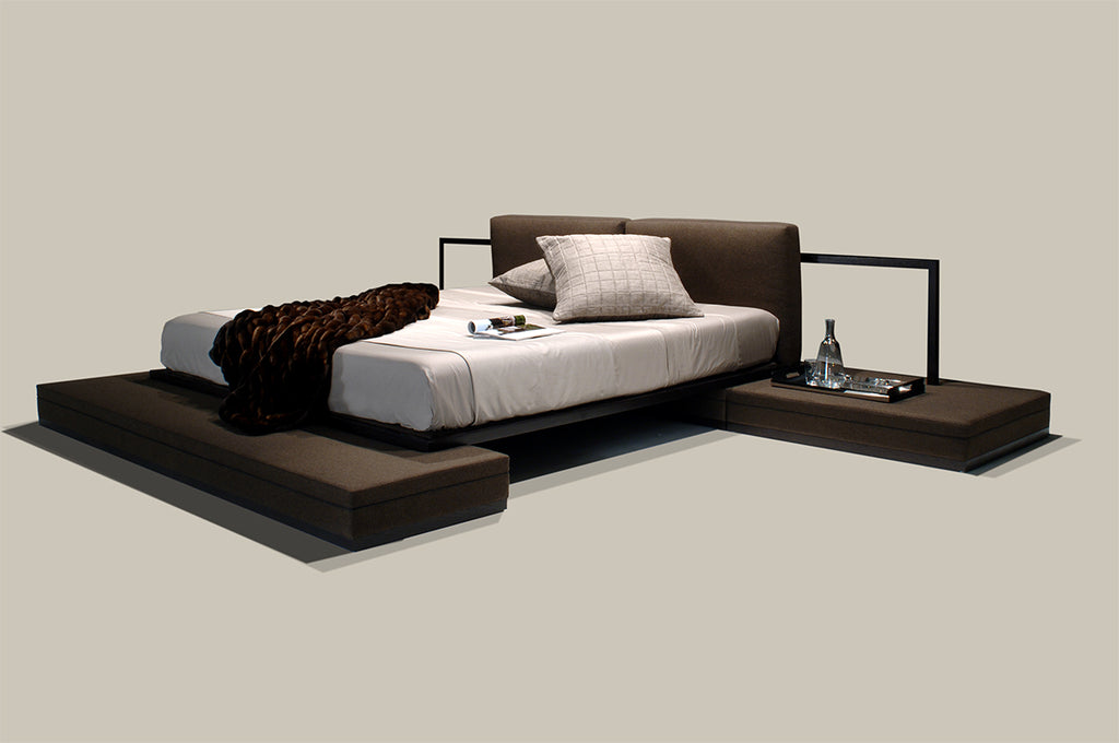 Contemporary brown upholstered Milan Bed with integrated side tables and footrest extension