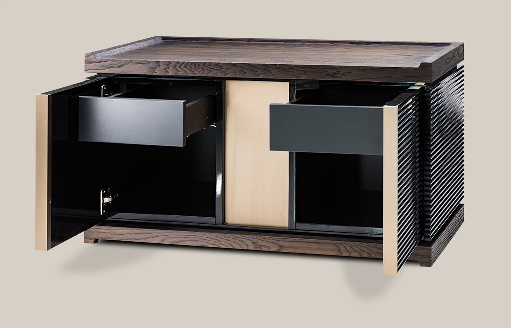 Isabella Nightstand with multi-material wood, open doors, pull-out drawers, ribbed sides