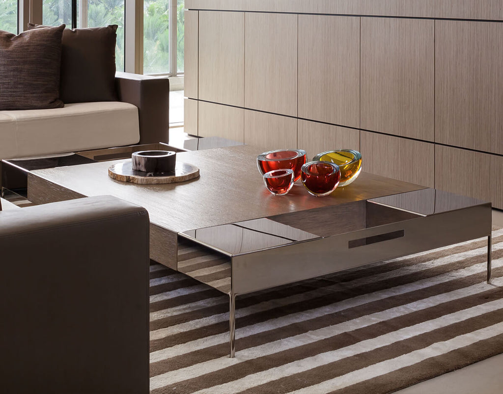 Shanghai Table modern coffee table with light brown top dark brown base and metal legs