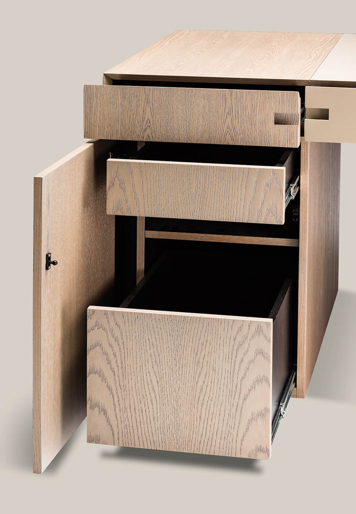 Light wood office filing cabinet with open drawer and side access door for Brussels Desk