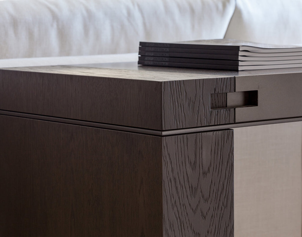 Dark wood Brussels Table console with unique joinery and open shelf design