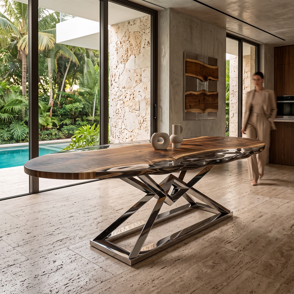 Abruzzo Walnut Wood Wavy Ellipse Dining Table