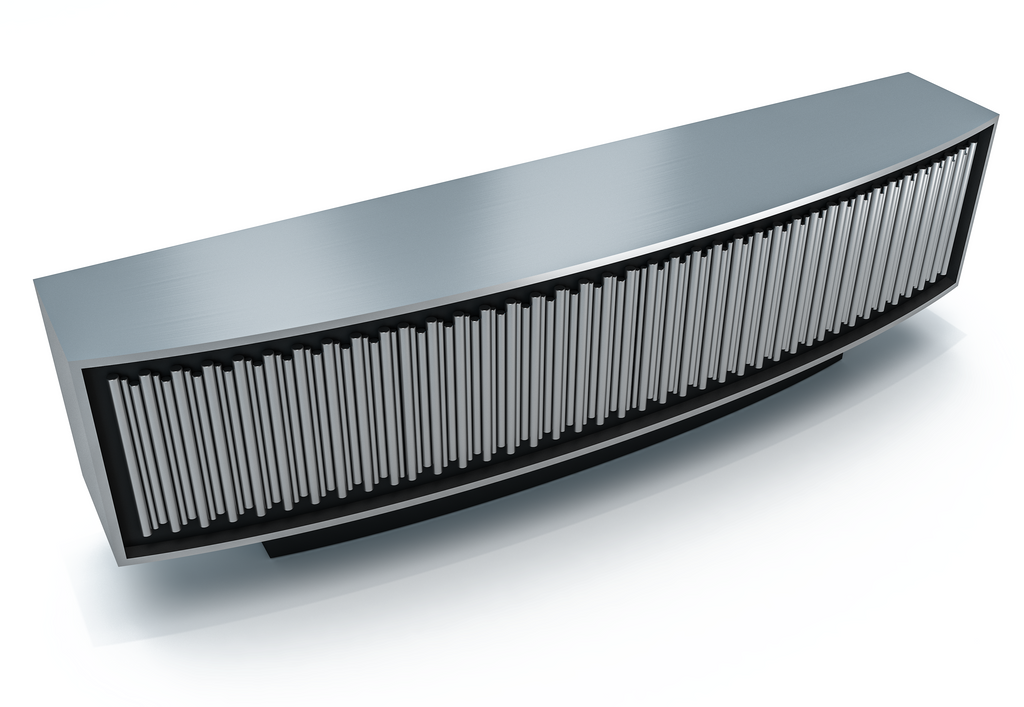 Matte black lacquered air vent on Agathon Curved Credenza with metallic gridded design