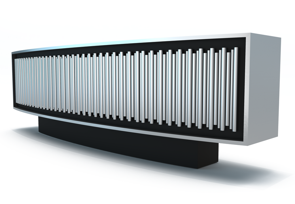 Modern Agathon Credenza with matte black lacquered wood finish and curved silver slats