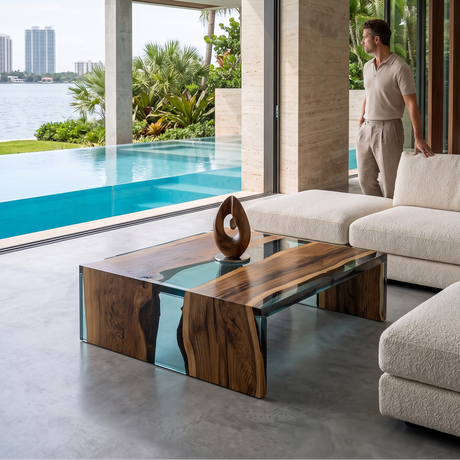 Aquamarine Walnut Wood Waterfall Coffee Table