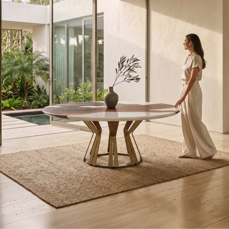 White Atalante Walnut Wood Round Dining Table