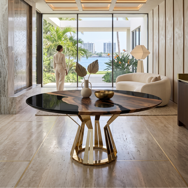 Black Atalante Walnut Wood Round Dining Table