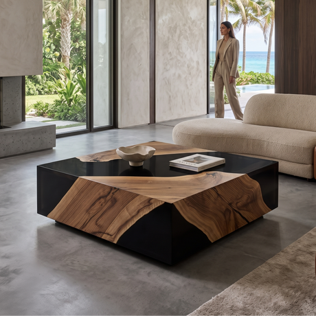Black Monoblock Walnut Wood River Square Coffee Table
