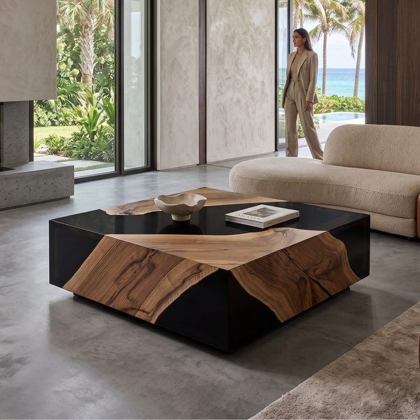 Black Monoblock Walnut Wood River Square Coffee Table