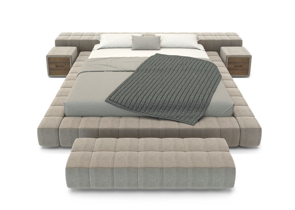 Modern tufted upholstery material Thalion Bed with integrated side tables and bench