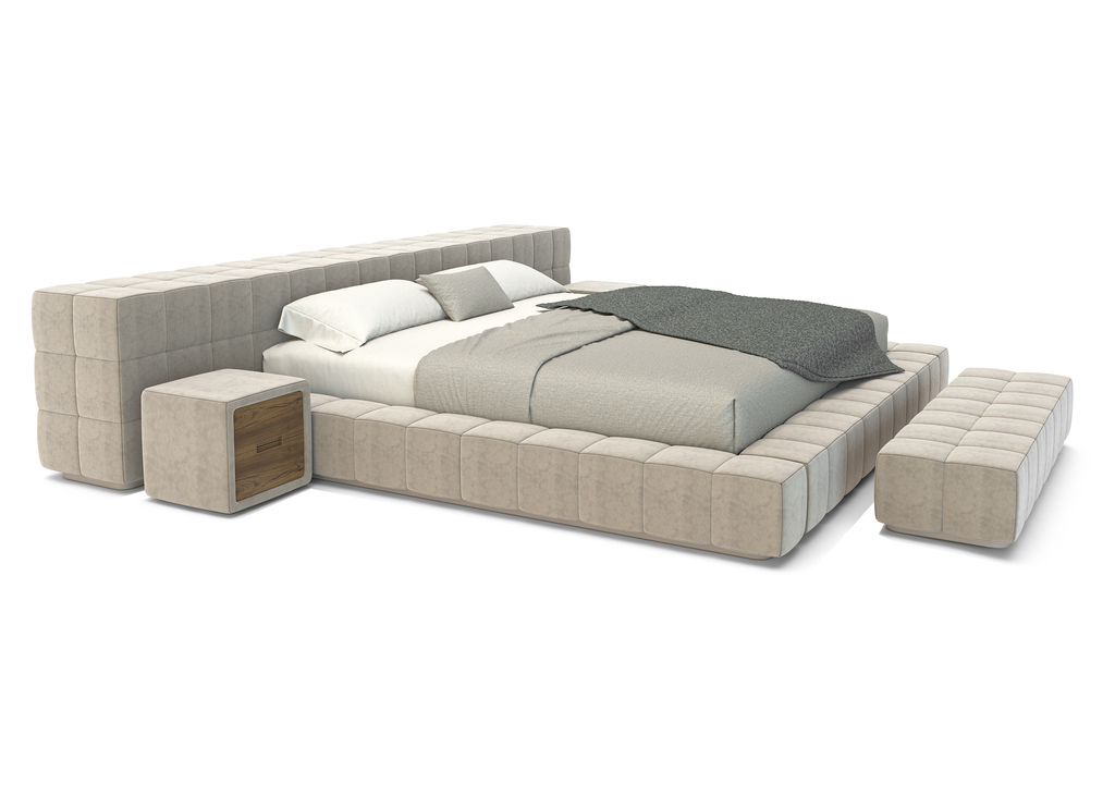 Thalion Bed with tufted upholstery material, wide upholstered headboard, matching nightstand and bench