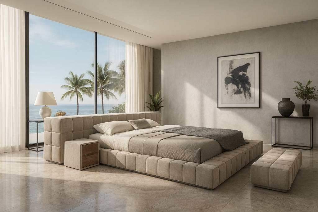 Luxurious Upholstered Thalion Bed with Integrated Headboard and Matching Bench