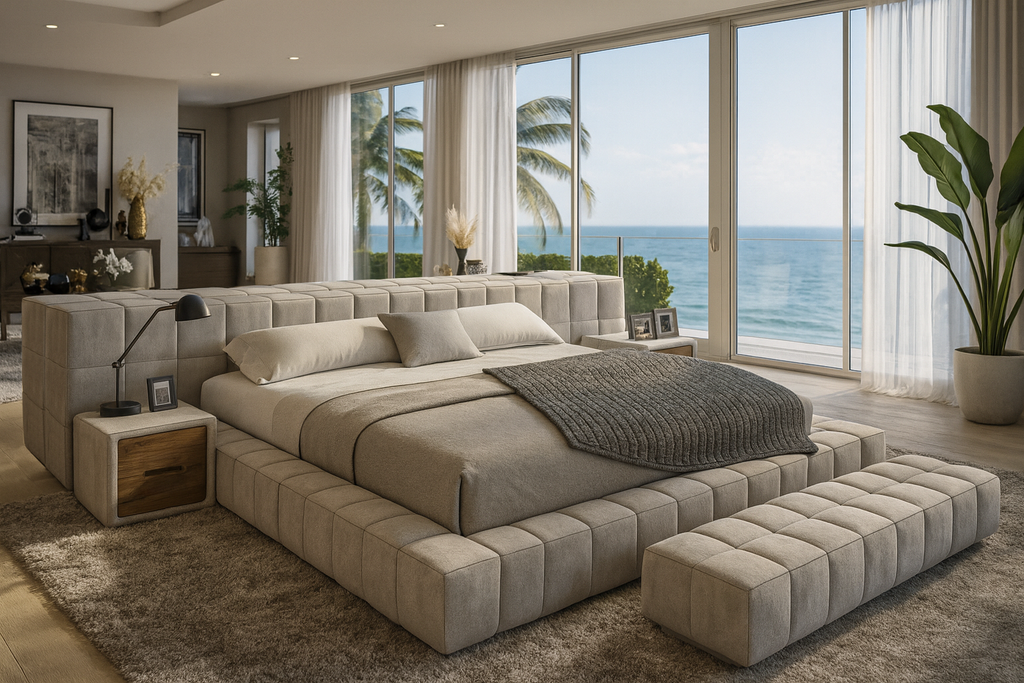 Thalion Bed with tufted upholstered frame, integrated headboard, side tables, and matching bench