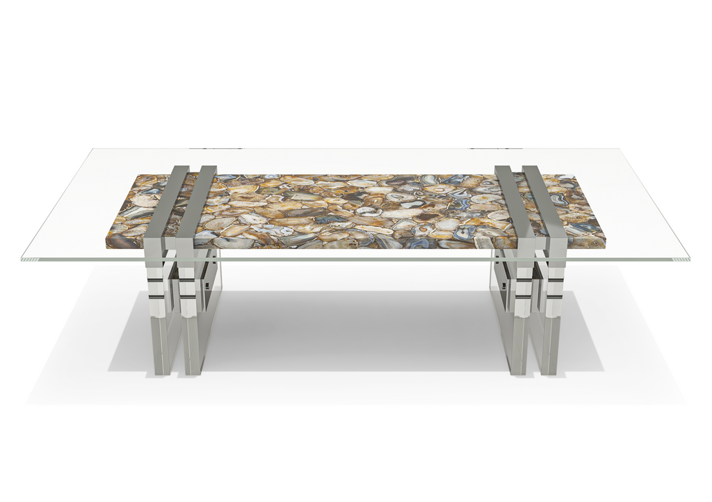 Merope Brown Agathe Stone Coffee Table with glass top and silver-toned legs