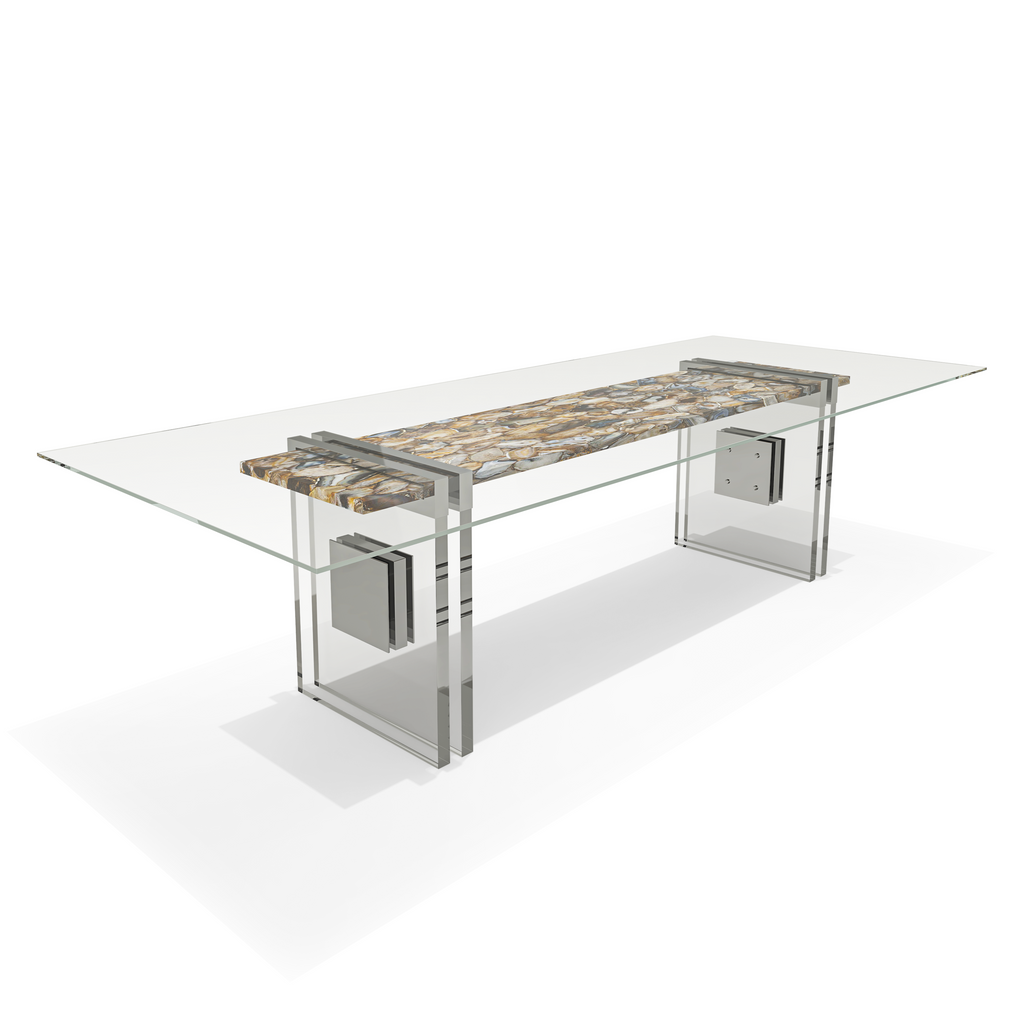 Merope Brown Agathe Stone Dining Table with glass top, marble slab, chrome accents