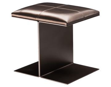 Capri Stool side table with modern brown leather upholstery and dark metal I-beam base