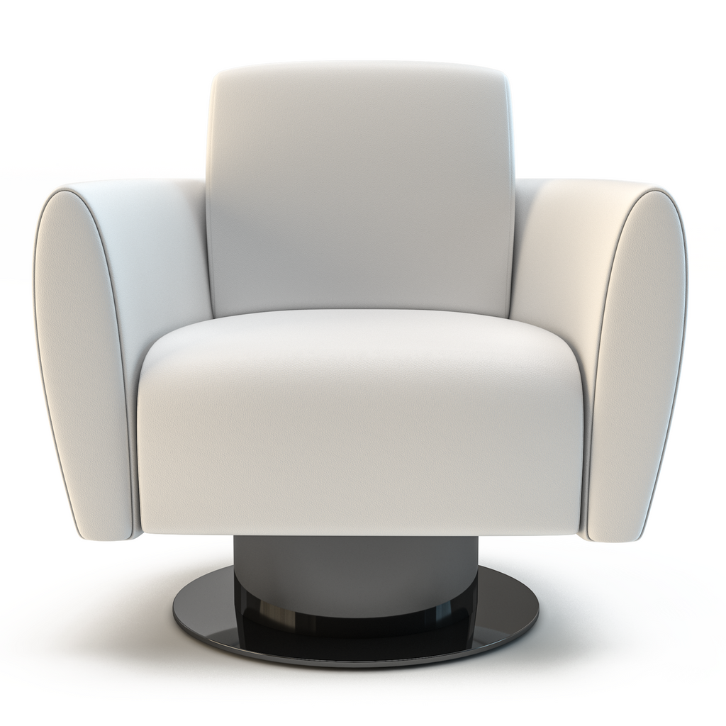 White Romos Chair showcasing a modern white upholstered swivel armchair with dark base