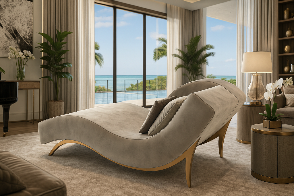 Elegant Euphrosyne Chaise Longue with curved frame and two-tone upholstery