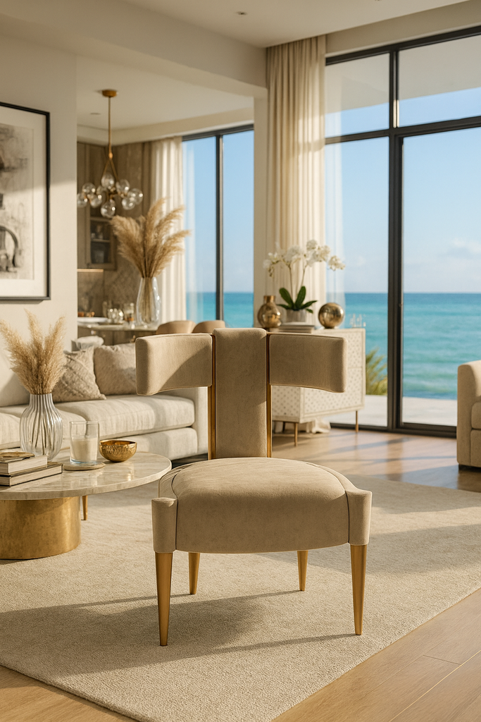 Erevos Dining Chair with beige upholstery, modern open back, and golden legs
