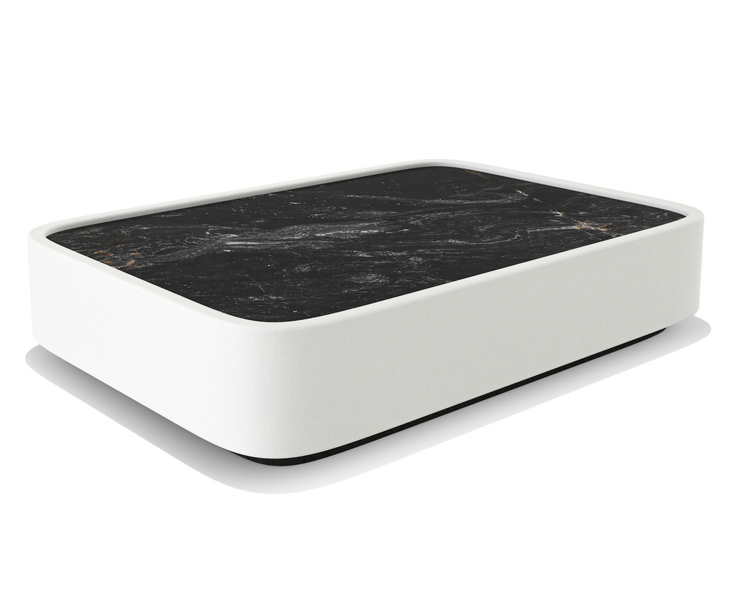White rectangular serving tray with black marble-patterned top from Arditi Collection® Orpheus Sectional Outdoor Set