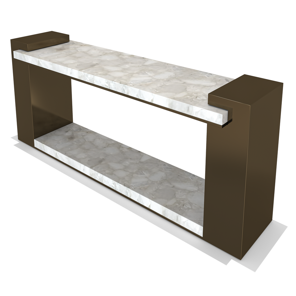 Eirene Metal Resin Console with dark brown metallic frame and white marble-patterned shelves