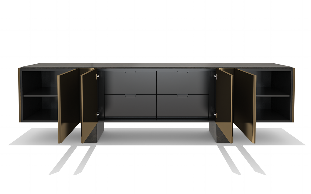 Dark wooden Charites Metal Resin Credenza with open doors, shelves, and drawers