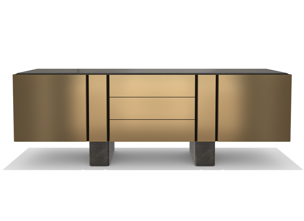Modern gold and dark gray Charites Metal Resin Credenza with drawers and cabinets