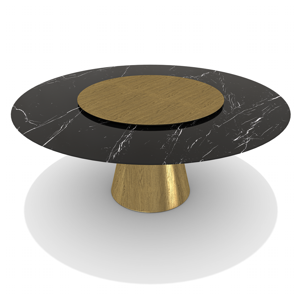 Black Lunara Metal Resin Round Dining Table with black marble top and gold accents