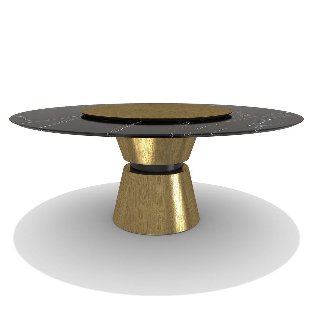 Black Lunara Metal Resin Round Dining Table with black marble top and gold accents