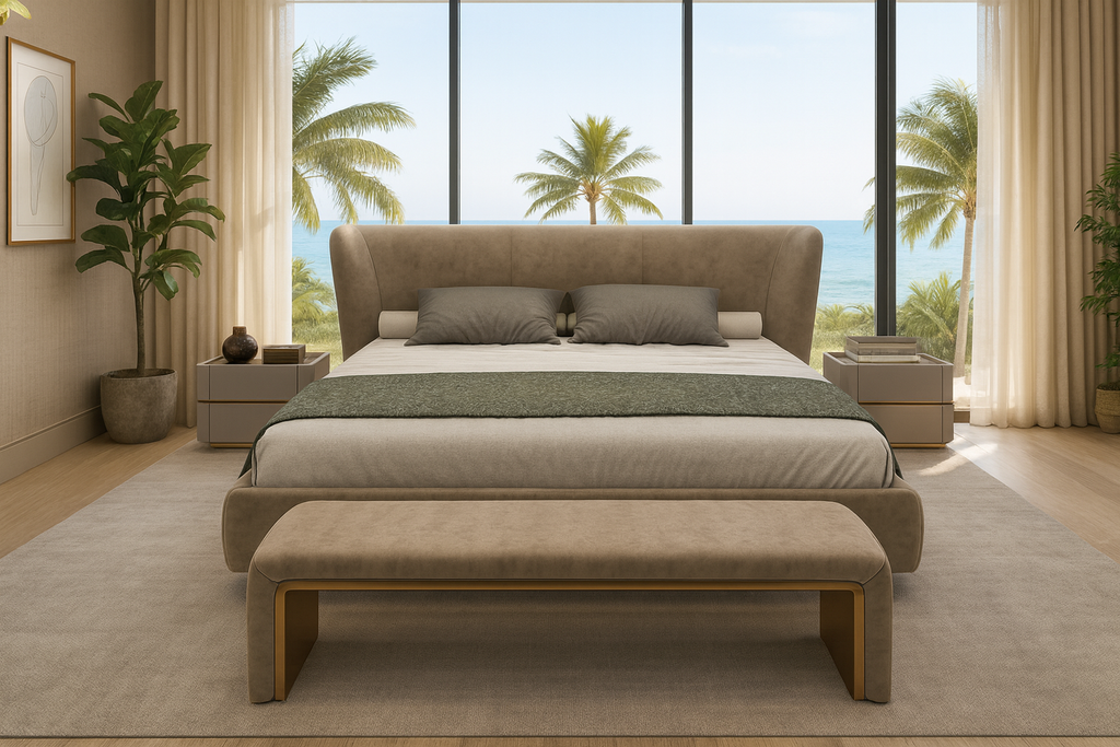 Luxurious beige upholstery Lunaris Bed with high winged headboard and matching furniture