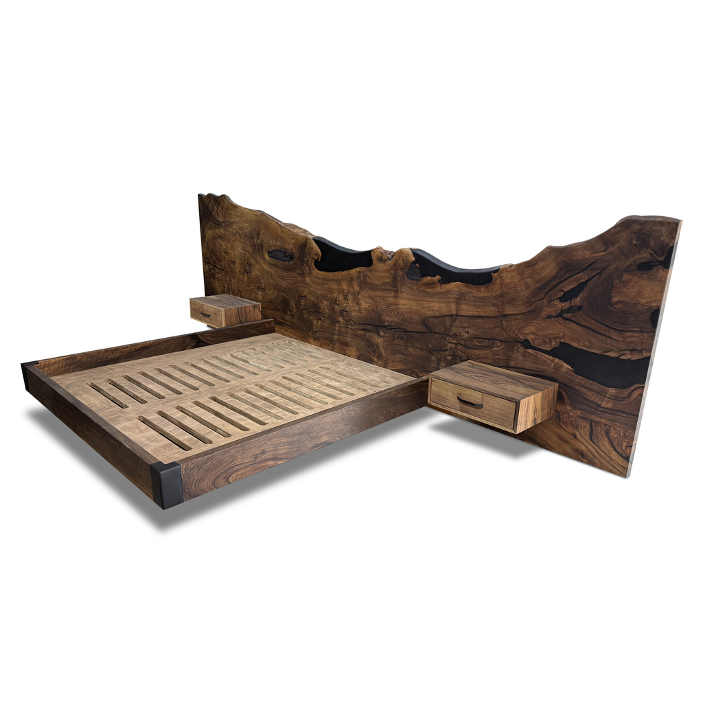 Olympus King Size Walnut Bed with live edge wood frame, dark resin inlay, and floating nightstands