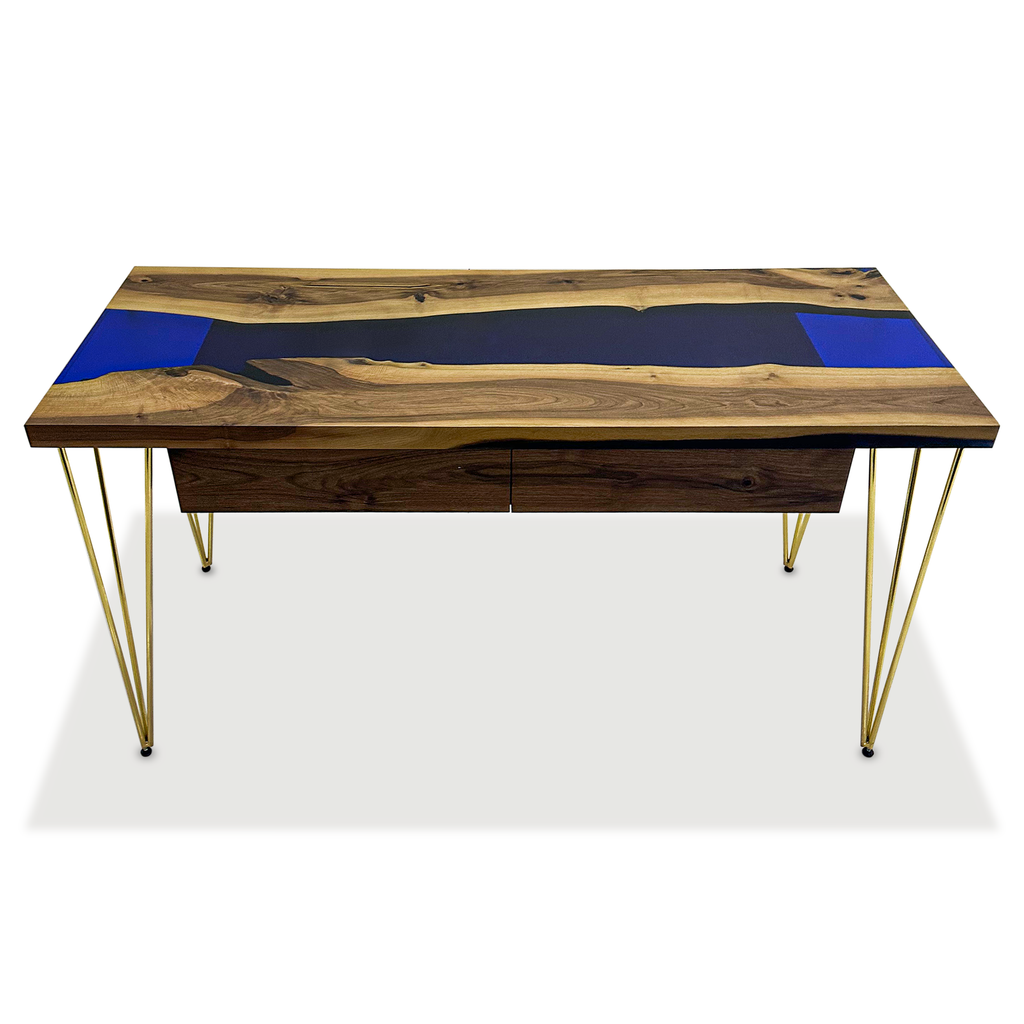 Navy Blue Brontes Walnut Wood River Desk - ARDITI COLLECTION®