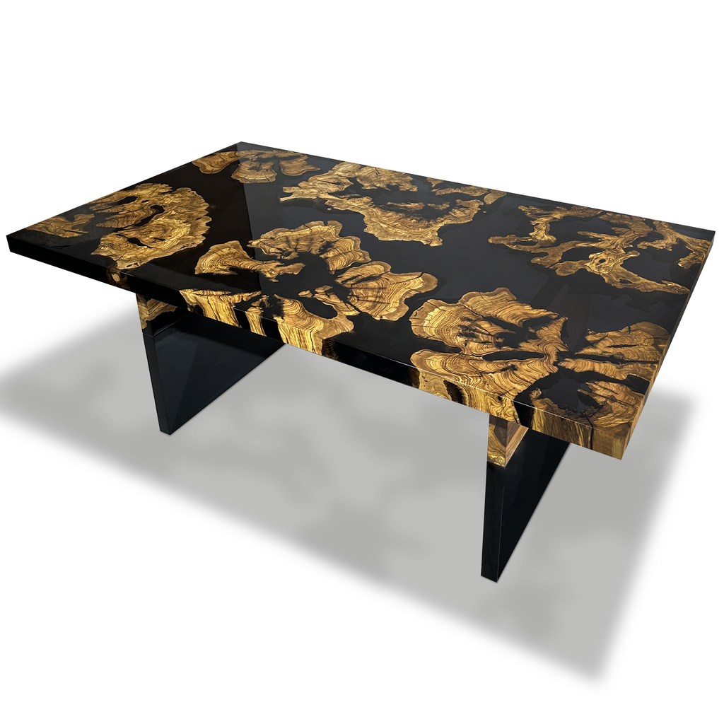 Black Thyria Olive Wood Dining Table with epoxy resin and golden burl inserts