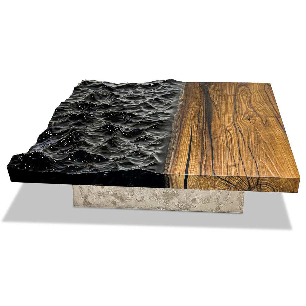 Eurybia Square Walnut Coffee Table with rippling water and polished walnut wood surface