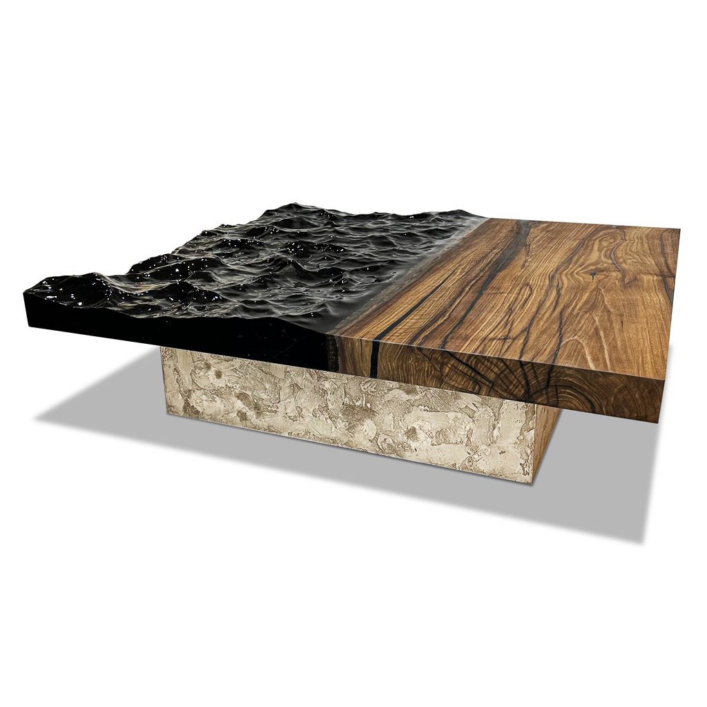 Eurybia Square Walnut Coffee Table with dark resin ocean and polished walnut landmass