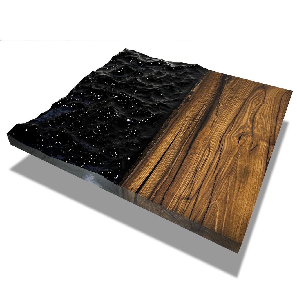 Eurybia Square Walnut Coffee Table with ocean-inspired resin and wood art piece featuring walnut wood and natural grain