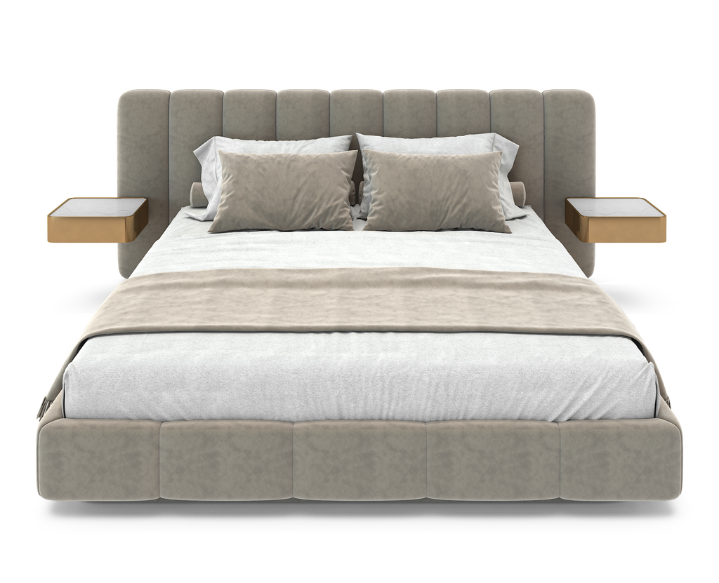 Modern upholstered Auralis Bed with tall fluted headboard and floating bedside tables