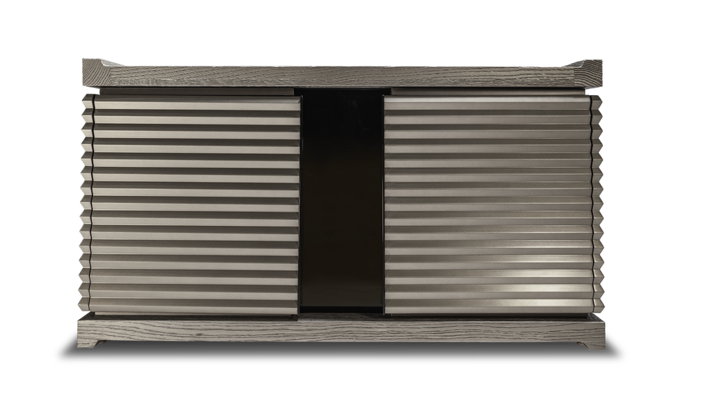 Gray-washed wooden Isabella Nightstand with sliding doors and open storage compartment