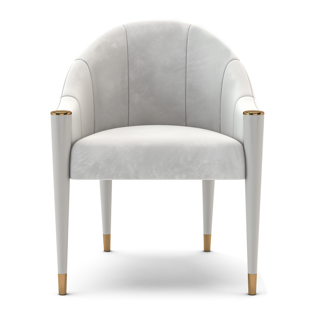 Theia Dining Chair with white velvet upholstery and golden accents on armrests and feet