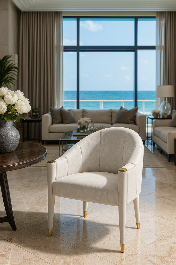 Cream-colored velvet upholstery on Theia Dining Chair with gold accents