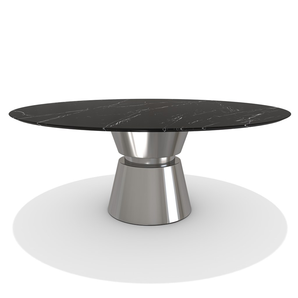 Chrome Lunara Metal Resin Round Dining Table with black marble top and polished silver base