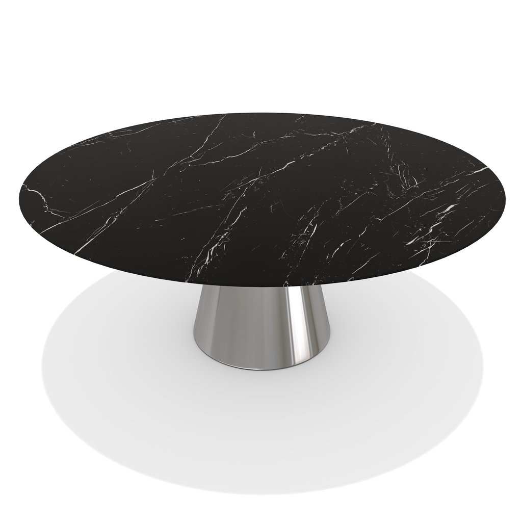 Oval black marble dining table with chrome Lunara metal resin conical base