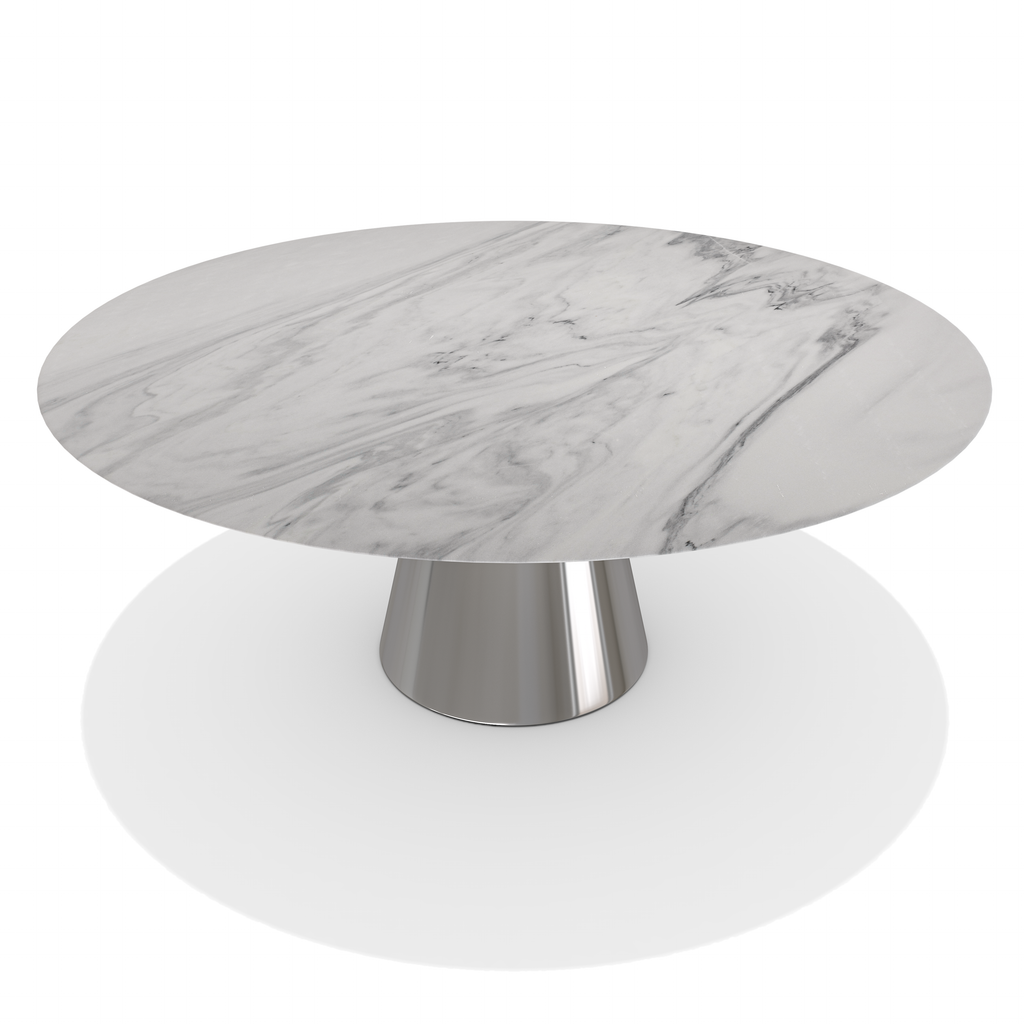 Chrome Lunara Metal Resin Round Dining Table with white marble top and silver pedestal base