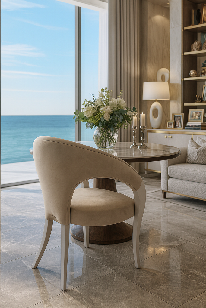 Elegant beige Ione Dining Chair with curved backrest and light-colored upholstery