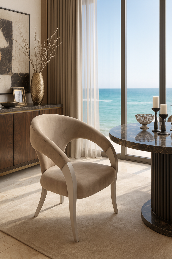 Ione Dining Chair with beige velvet upholstery and white legs for stylish dining spaces