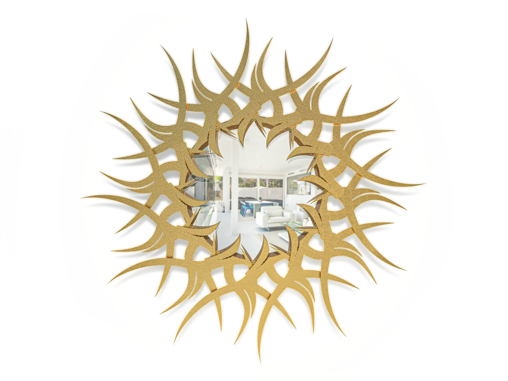 Gold sunburst-shaped Del Sole Mirror with reflective center for stylish home decor