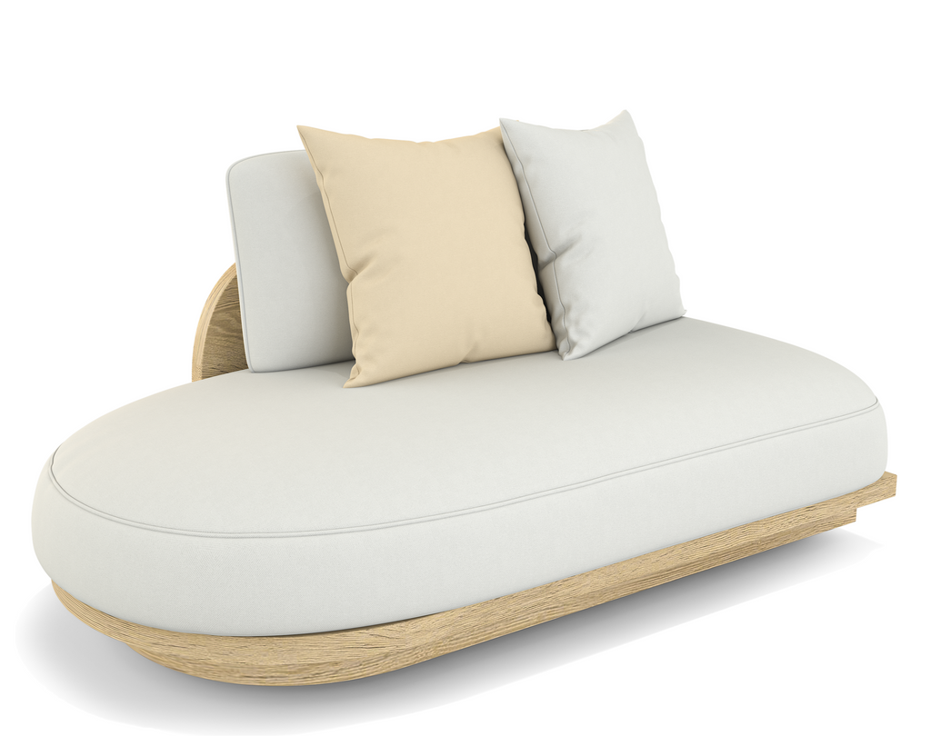 Modern light-colored chaise lounge with wooden base and decorative pillows from Arditi Collection® Alkandros Sectional Outdoor Set