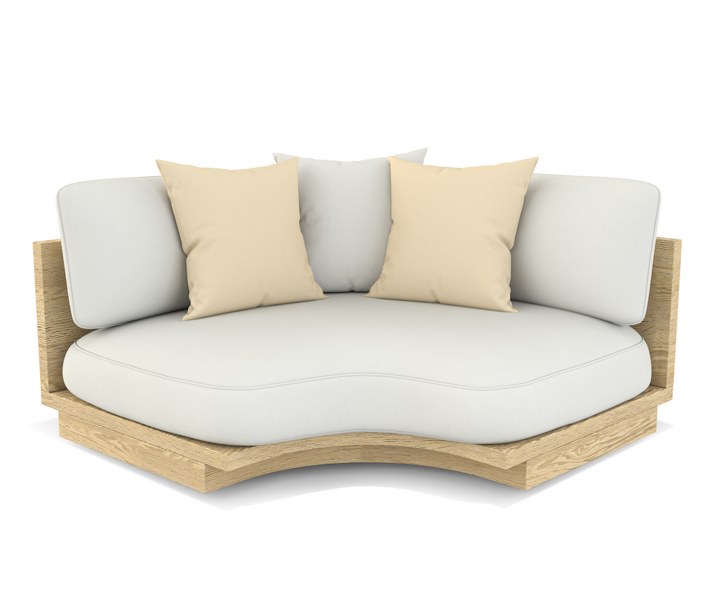 Cream-colored curved Alkandros Sectional Outdoor Set from Arditi Collection® with beige pillows