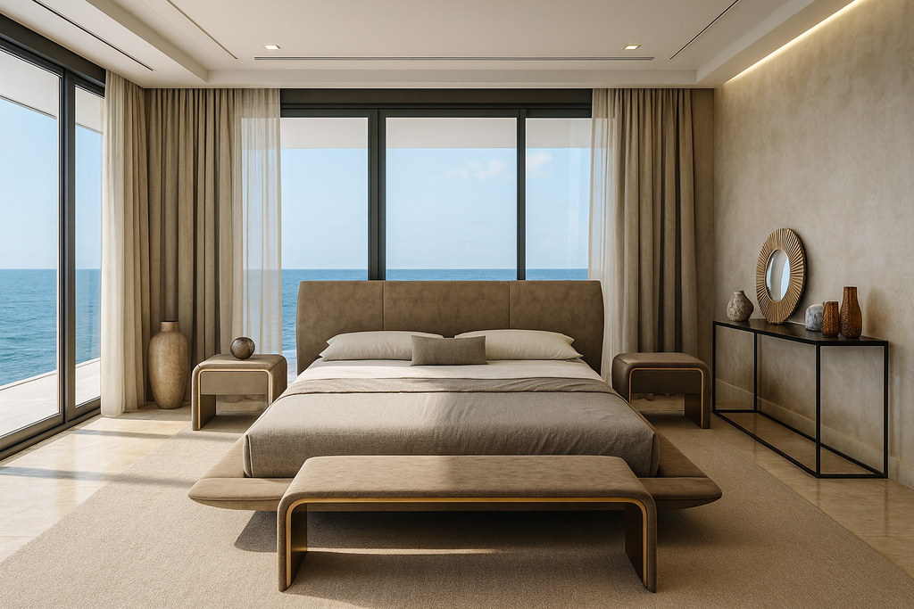 Modern bedroom with Oneiros Bed featuring upholstery material and ocean view windows